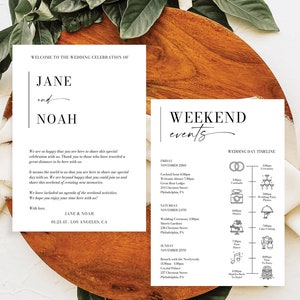 Minimal Aesthetic Wedding Itinerary Template, Printable Wedding Welcome Bag Letter, Timeline, Weekend Schedule, Information for Guests