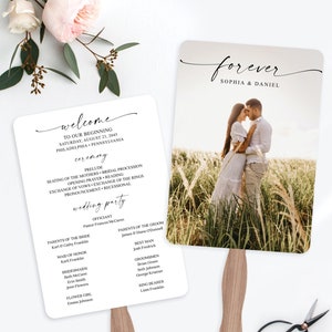 Photo Wedding Program Fan Template, Bohemian Script, Printable Program Fan with Photo, Fans for Guests, Ceremony Programs, DIY Wedding