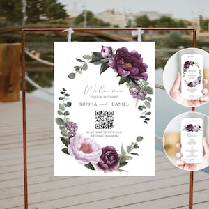 QR Code Wedding Program Template and Scannable Wedding Welcome Sign, Scannable QR Code Sign, Wedding Program Digital, Welcome Sign, Peonies