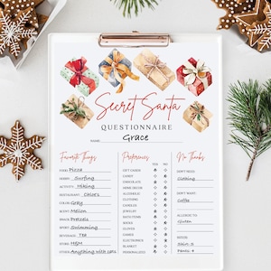 Printable Secret Santa Gift Exchange Questionnaire, Christmas Gift Exchange, Work Secret Santa, Holiday Party, Christmas Party Games
