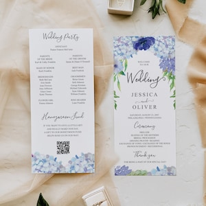 Vintage Blue Hydrangea Wedding Programs Template, Printable Wedding Program, 4x9, Ceremony, Instant Download, Honeymoon Fund, Floral