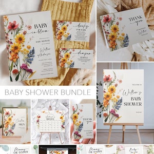 Wildflower Baby Shower Bundle, Girl Baby Shower Invite, Baby Shower Signs, Baby Shower Decor, Pressed Flowers, Baby Shower Games, Colorful