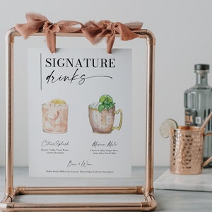 Modello di menu da bar, cartello per cocktail con firma stampabile, drink con firma modificabile, cartello per drink per lui e per lei, cartello per bevande, estetica minimalista