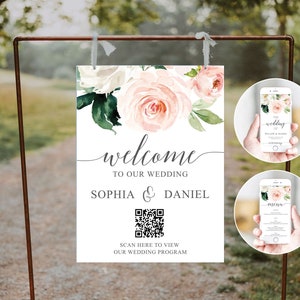 QR Code Wedding Program Template and Scannable Wedding Welcome Sign, Scannable QR Code Sign, Wedding Program Digital, Welcome Sign, Blush