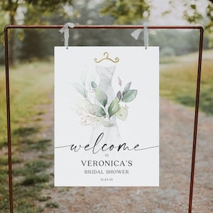 Editable Bridal Shower Welcome Sign Template, Welcome Bridal Shower, Instant Download, Wedding Dress, Watercolor Greenery Gold, Elegant