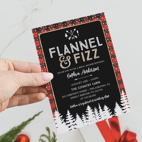 Flannel and Fizz Bridal Shower Invitation Template, Flannel & Fizz, Glamping Bridal Shower, Holiday, Rustic, Winter, Cozy, Cabin, Modern