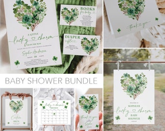 May include: A baby shower bundle with a green shamrock theme. The bundle includes a welcome sign, a thank you card, a diaper raffle card, a book request card, a custom sign, a game card, and a printable calendar. The design features a heart-shaped arrangement of shamrocks and greenery.