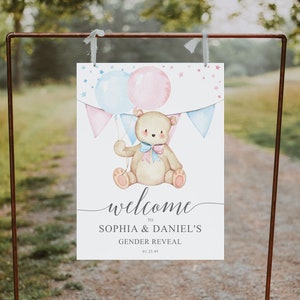 Teddy Bear Gender Reveal Welcome Sign Template, Welcome Gender Reveal Sign, Decor, Pink and Blue, Bearly Wait, Balloons, Baby, Boy or Girl