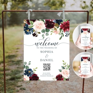 QR Code Wedding Program Template and Scannable Wedding Welcome Sign, Scannable QR Code Sign, Wedding Program Digital, Welcome Sign, Burgundy