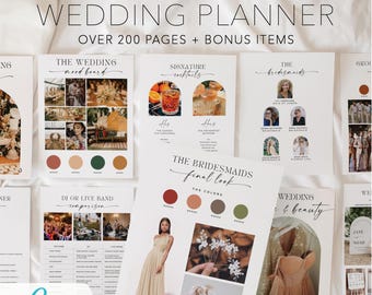 May include: A Canva template for a wedding planner with over 200 pages and bonus items. The template includes pages for the wedding mood board, signature cocktails, bridesmaids, the bride's final look, wedding details and beauty, and more.