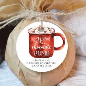 Hot Chocolate Bomb Tags Printable, Hot Cocoa Favor Tags, Birthday Party Favors, Christmas Gift, Hot Chocolate Favors, Bomb Instructions