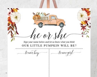Gender Reveal Guestbook Alternative - Guess Board Sign in - He or She - Gender Reveal Decorations - Fall - Pumpkin - Truck - Autumn Bliss