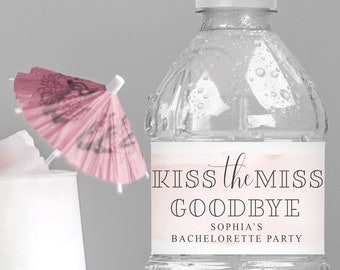 Bachelorette Water Bottle Bands, Editable Water Bottle Labels, Kiss The Miss, Printable, Bachelorette Party Favors, Blush