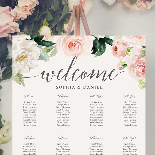 Wedding Seating Chart Template, Editable Table Arrangement Sign, Download, Seating Arrangement, Find Your Seat, Blushing Blooms, Floral