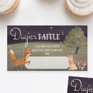 May include: Three printable cards with a woodland theme for a diaper raffle. The cards feature a fox, a rabbit, and a tree with fireflies. The text on the cards reads "Diaper Raffle" and asks guests to bring a pack of diapers for a chance to win a prize.