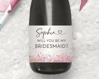 Mini Champagne Bottle Labels, Will You Be My Bridesmaid, Bridesmaid Proposal, Printable Template, Maid of Honor, Custom, Pink Glitter, Glam