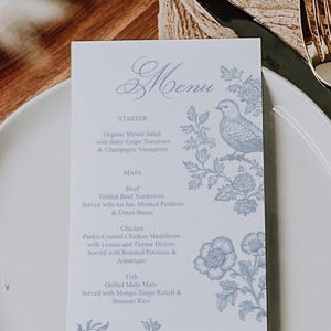 Blue Antique Garden Menu Template, Printable Menu, Editable Menu, Bridal Shower Menu, Wedding Menu, Birthday Dinner Menu, Birds, Vintage