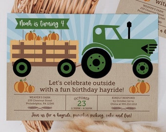 May include: Two birthday invitations with a tractor and pumpkins design. The invitations read "Noah is turning 4" and "Let's celebrate outside with a fun birthday hayride!" The invitations are on a woven basket.