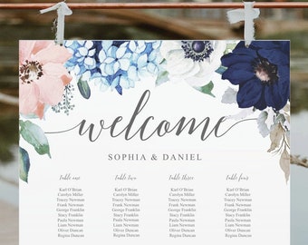 Wedding Seating Chart Template, Table Arrangement Sign, DIY Wedding Seating Sign, Navy Blooms, Find Your Seat, Hydrangea, Floral, Anemone