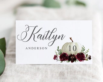 Thanksgiving Place Card Template, Printable Place Cards, Seating Cards, Editable Thanksgiving Dinner Cards, Fall Wedding, Burgundy Pumpkin