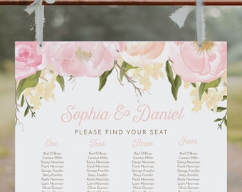 Wedding Seating Chart Template, Table Arrangement Sign, DIY Wedding Seating Sign, Pink Peony, Rose, Floral, Wedding, Instant Download