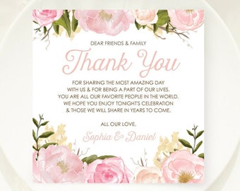 Printable Thank You Place Card Template, Wedding Reception, Thank You Card, Wedding Seating, In Lieu of Favors, Download, Pink Peony Floral