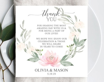 Thank You Place Card, Wedding Place Card, Wedding Thank You Template, In Lieu of Favors, Donations, Instant Download, Pastel Blush, Boho