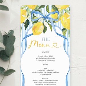 Modelo de menu Blue Citrus, menu para impressão, menu editável, menu para chá de panela, menu para casamento, menu para jantar de aniversário, limão, preppy, sulista