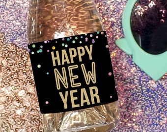 New Year's Eve Mini Champagne Bottle Labels, Happy New Year, Printable New Years Party Mini Champagne Label, Favors, Colorful Confetti