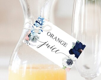 Mimosa Bar Juice Tags - Hanging Juice Tags - Mimosa Bar Tags - Editable Tag - Bridal Shower Decor - Printable Tag - Navy Blooms