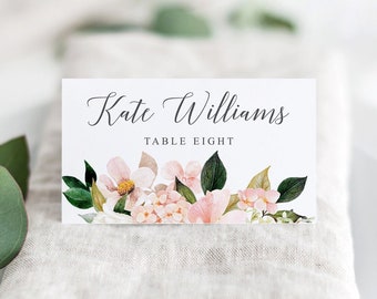 Place Card Template, Wedding Place Cards, Printable Seating Cards, Name Cards, Instant Download, Meal Choice, Hydrangeas, Blush Hydrangea