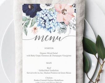 Wedding Menu Template, Printable Menu, Editable Wedding Menu, Bridal Shower Menu, Wedding Menu Cards, Download, Navy Blooms, Hydrangea