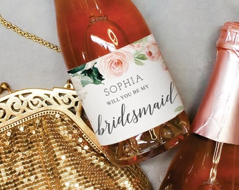 Printable Will You Be My Bridesmaid Mini Champagne Bottle Labels, Editable Label, Printable Labels, Bridesmaid Proposal, Blushing Blooms