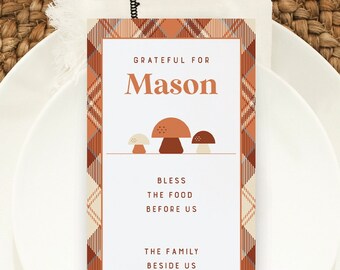 Retro Thanksgiving Place Card Template, Thanksgiving Prayer, Table Decor, Printable Friendsgiving Dinner, Name Card, Flannel, Mushrooms