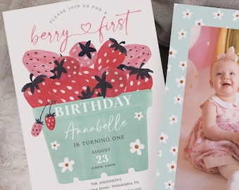 Berry First Birthday Invite Template, Strawberry 1st Birthday Invitation, Berry Birthday Party, Printable Girl Birthday Party, Strawberry