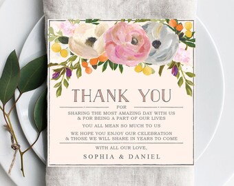 Printable Wedding Thank You Card, Wedding Reception, Place Setting, DIY Thank You, Sweet Blooms, Rustic Wedding, Boho, Instant Download