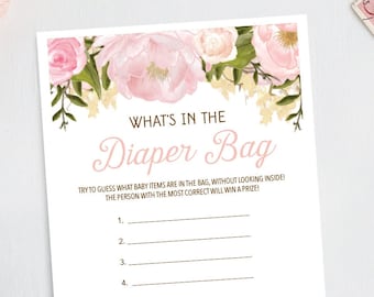 What's In The Bag Game, Baby Shower Games, What's In The Diaper Bag Game, Download, Girl Baby Shower, Girl, Pink, Floral, Pink Peony