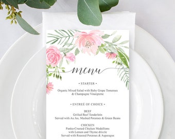 Wedding Menu - Printable Menu Template - Editable Menu Template - Bridal Shower Menu - 4x8 Menu - Baby Shower Menu - Pastel Blush