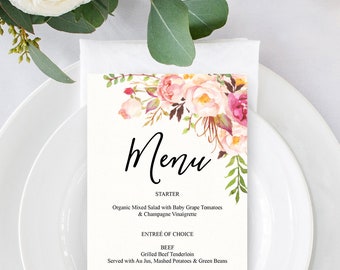 Wedding Menu Printable - Dinner Menu Cards Template - Printable Menu - Menu Cards for Wedding - Bridal Shower Decorations - Antique Rose