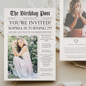Newspaper Birthday Party Invitation Template, Birthday Invite, Party Invites, Printable, Download, for Men, for Women, Any Age, 21, 30, 40
