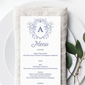 Etwas Blaues Menü Kartenvorlage, druckbares Menü, elegantes Menü, Brautdusche Menü, Monogramm Hochzeitswappen Menü Download, druckbares Menü