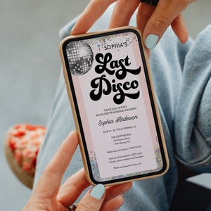 Plantilla de invitación digital para despedida de soltera "Last Disco", descarga instantánea, invitación para despedida de soltera, fiesta de baile, bola de discoteca, genial