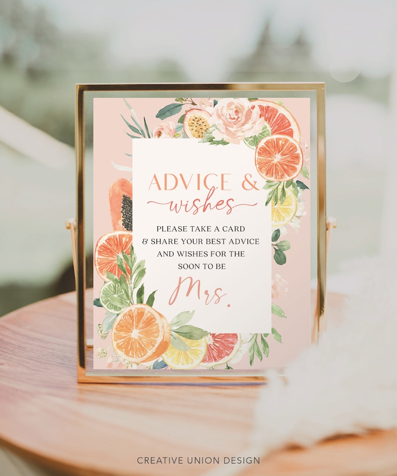 Advice and Wishes Template, Bridal Shower Game, Advice for the Bride, Advice, New Mrs, Wishes, Bridal Shower Sign, Tropical Citrus, Lemon image 2