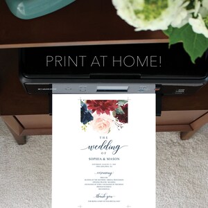 May include: A printable wedding ceremony program with a floral design in shades of red, pink, and blue. The text reads "The Wedding of Sophia & Mason" and includes the date, location, and ceremony details.