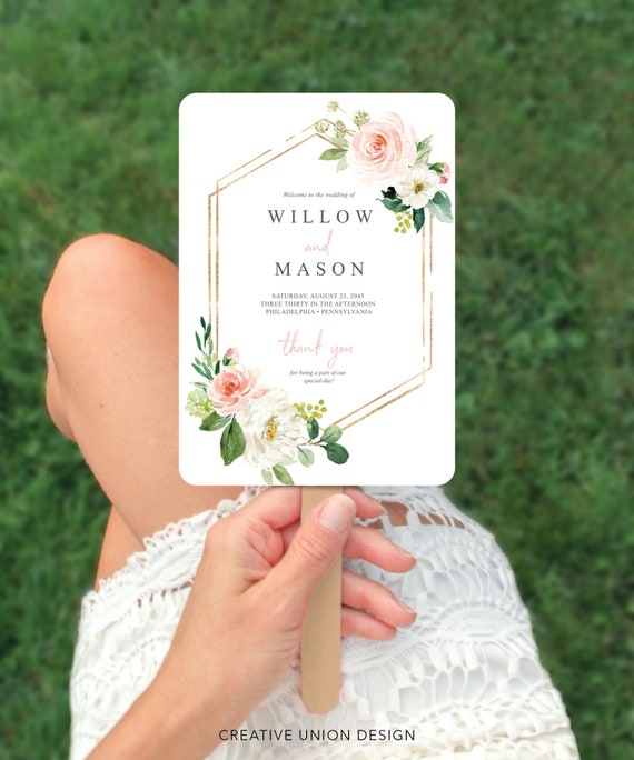 Floral Wedding Program Fan Template, Printable Wedding Fan Program, Ceremony Programs, Wedding Programs, Watercolor, Gold, Airy Blush Il_570xn