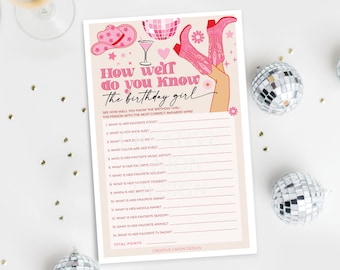 Pink Cowgirl How Well Do You Know The Birthday Girl, Birthday Party Games, Printable Birthday Game,  Instant Download, Disco, Country, Fun