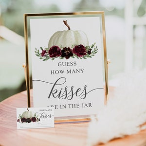 Modèle de jeu Combien de bisous, jeu de douche nuptiale automne, jeu de bisous, enseigne et cartes, décoration de douche nuptiale, imprimable, citrouille bordeaux