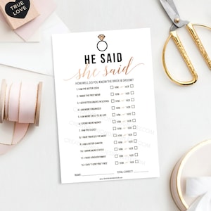 Rose Gold He Said She Said Game - Bachelorette Party Game - Bachelorette Game - Rose Gold - Bridal Shower Game - Instant Download - DIY