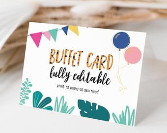 Mod Party Animals Buffet Card Template, Food Label, Birthday Buffet, Printable Birthday Party Decorations, Party Food, Girl Birthday, Animal