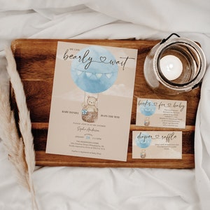 Boho Bearly Wait Baby Shower Invitation Set Template Printable Editable Thank You Card Diaper Raffle Books For Baby Bear Balloons Boy Baby image 4